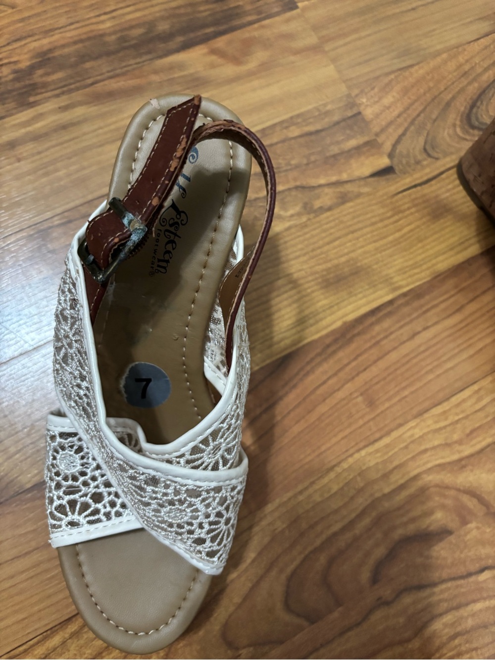 Self Esteem White Crochet Wedge Sandals with Brown Slingback - Picture 3 of 4